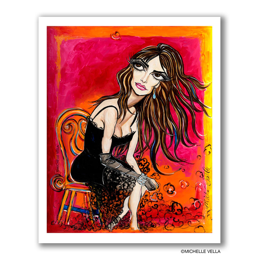 portrait painting of Penelope Cruz with big eyes and long flowing brown hair, wearing a black dress on a hot pink red painted background