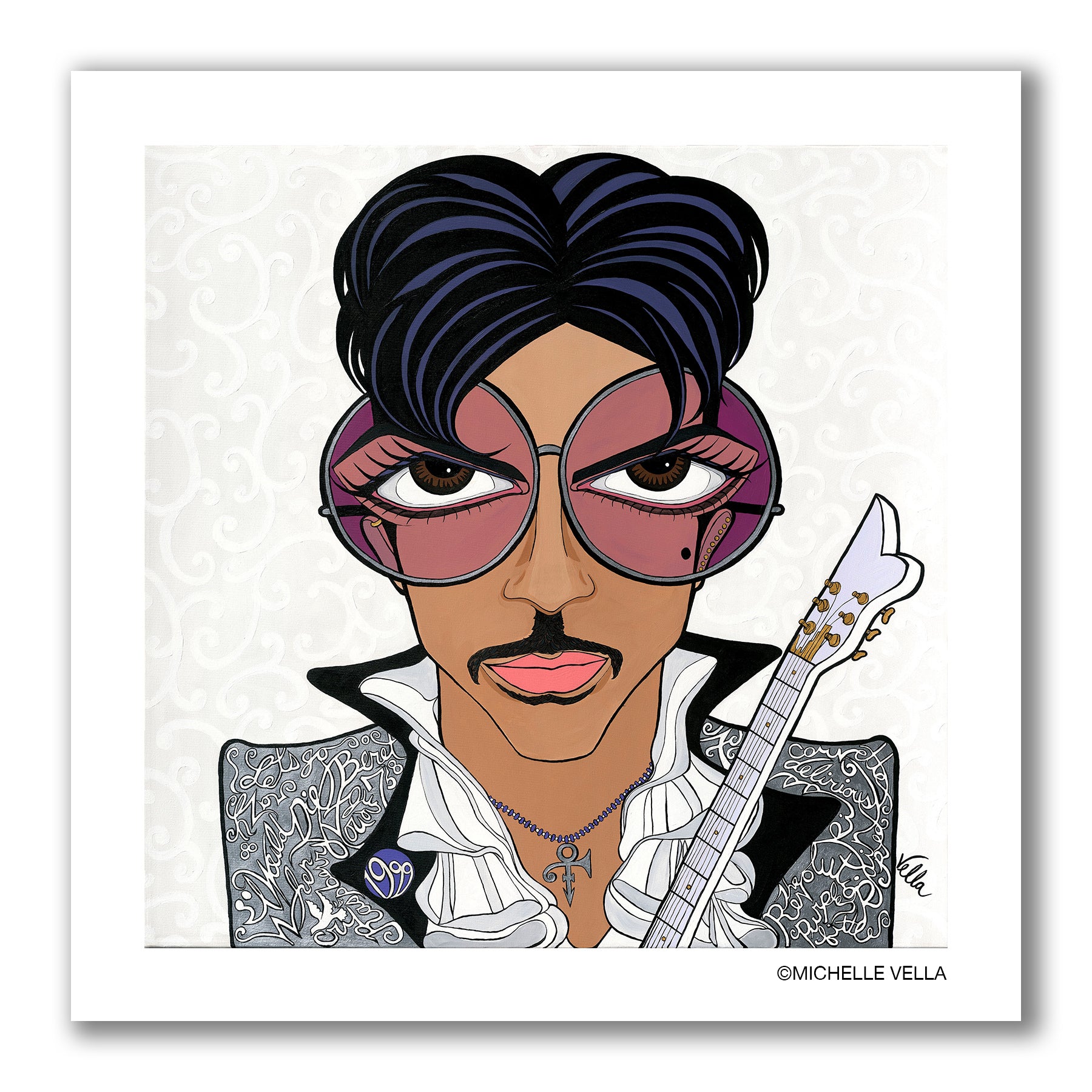 Pop art portrait painting of The Artist formerly known as Prince with brown big eyes wearing big round sunglasses with a purple lens, black and purple hair, a black moustache, holding his guitar wearing a silver jacket with white and black writing of song titles and a white frilly shirt.