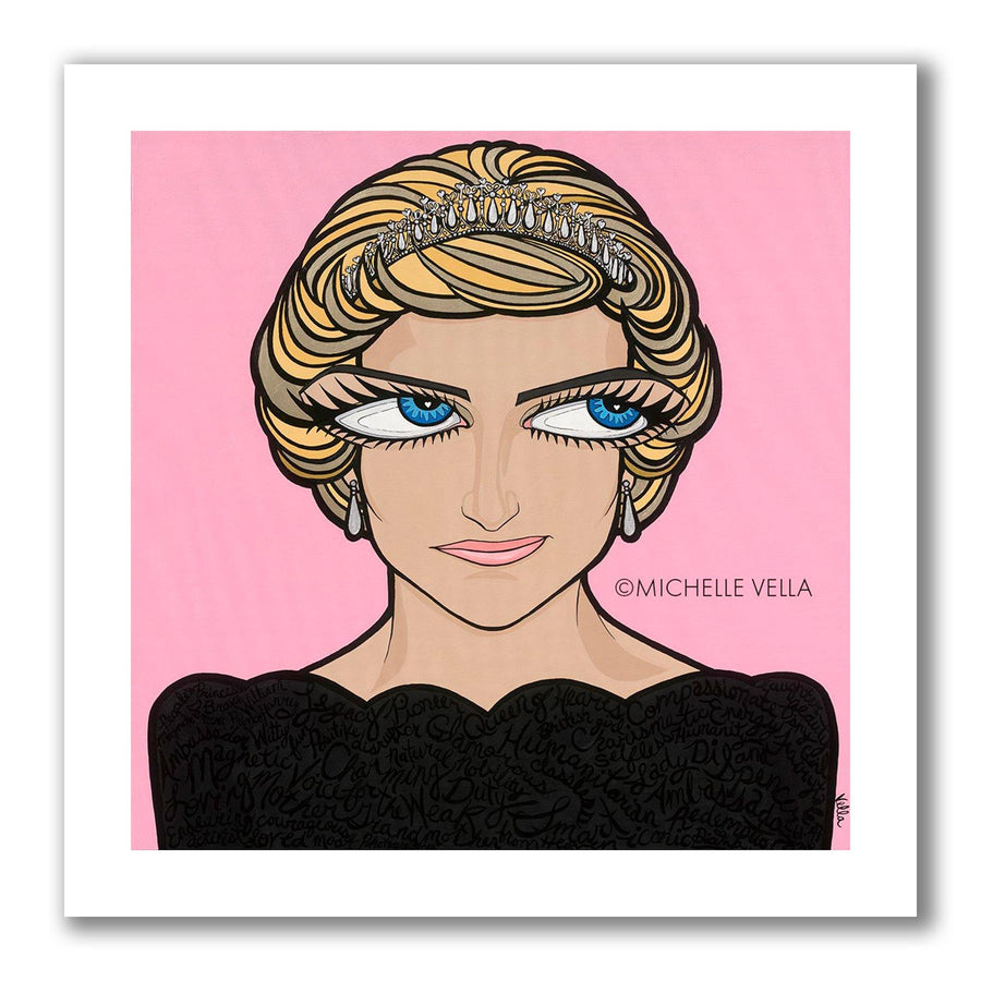 Pop art portrait painting of Princess Diana with her big blue eyes and a smirk, wearing a tiara and pearl earrings in a black dress on a pink background