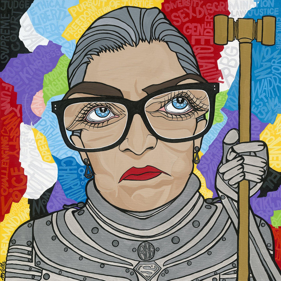 Pop art portrait painting of The Notorious RBG, Ruth Bader Ginsberg with big blue eyes, wearing black rimmed glasses and a superwoman armoured suit holding a tall gavel with word about her written into a colorful background