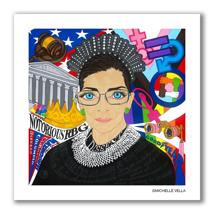 Pop art portrait painting of The Notorious RBG, Ruth Bader Ginsberg with big eyes, wearing wire rimmed glasses, and I Dissent collar on a colorful background with symbols of equality, Supreme Court, opera, and pride flag.