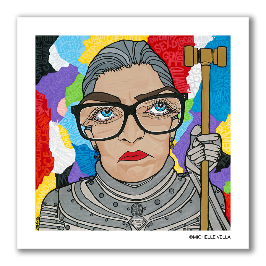 Pop art portrait painting of The Notorious RBG, Ruth Bader Ginsberg with big blue eyes, wearing black rimmed glasses and a superwoman armoured suit holding a tall gavel with word about her written into a colorful background