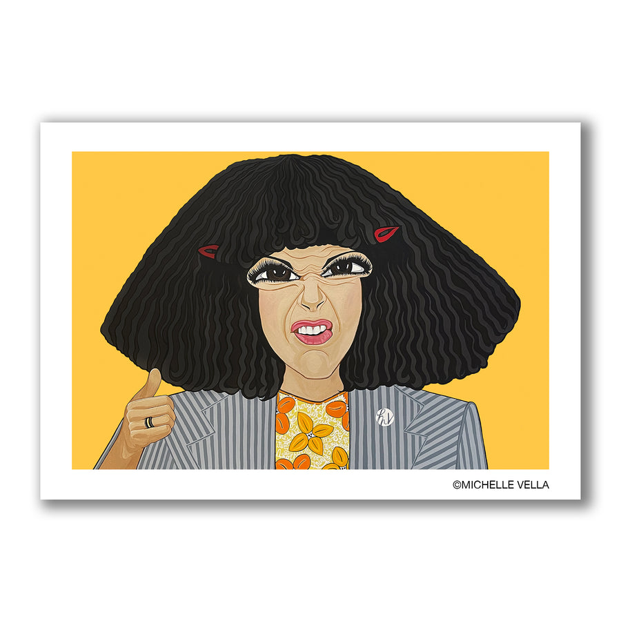 A pop art portrait painting of SNL vintage comedian Roseanne Roseannadanna, It's always something, with brown big eyes, squinted face and thumbs up on her right hand, with her big black wavy hair that is shaped like a big triangle, wearing a yellow and orange flower blouse beneath a grey striped blazer on a yellow background