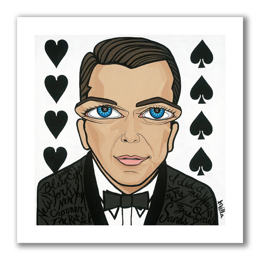  Pop art portrait painting of Las Vegas Rat Pack entertainer Frank Sinatra with blue big eyes, big blue eyes, wearing a black tuxedo on a white background with deck of cards symbols hearts and spades