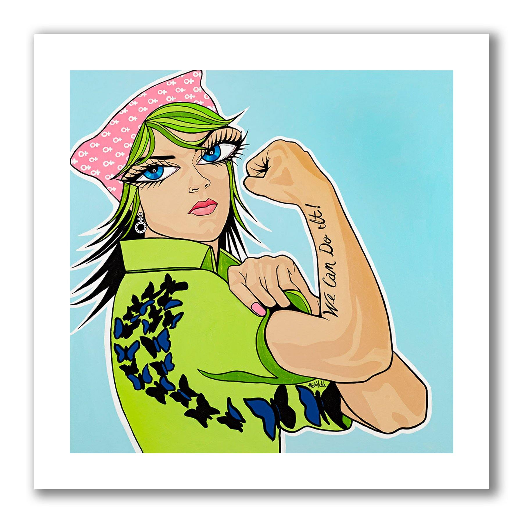 Rosie the Liberator, Pop art portrait painted print of Billie Eilish as Rosie We Can Do it for women's liberation, painted with green hair, a pink pussy hat and a lime green top with blue butterflies and We Can Do It! tattooed on her arm making a fist.