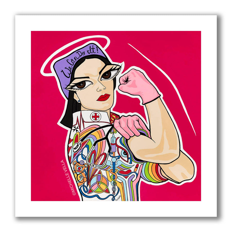 Rosie The Nightingale, Pop art portrait painted print of Florence Nightingale as Rosie with big eyes. We Can Do It! written on her purple surgeons hat, wearing pink surgeon gloves and her arm is raised making a fist plus medical symbols painted in her uniform.