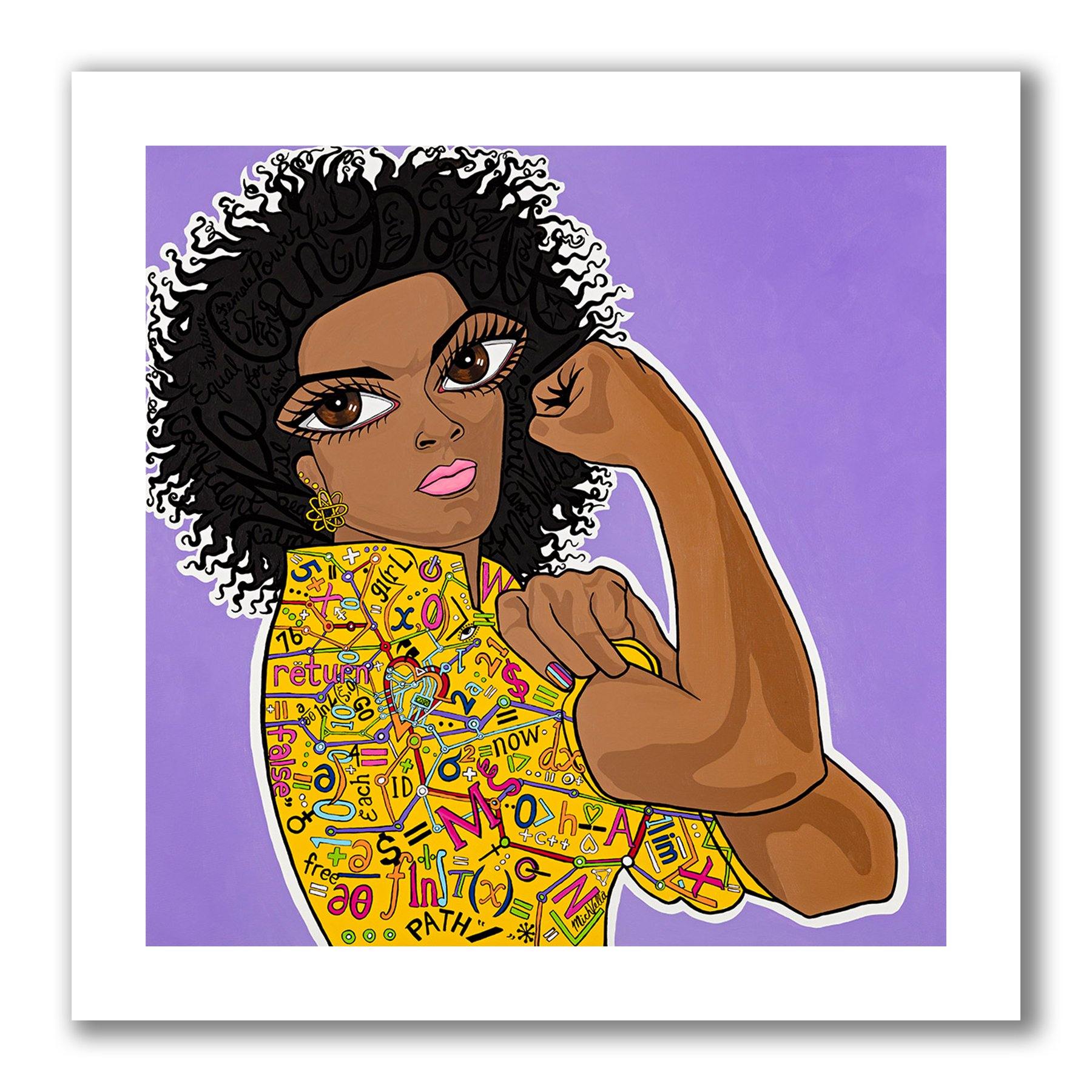  Pop art portrait of a black women scientist as Rosie We Can Do It! with big eyes. We Can Do It! written in her black afro, her arm is raised making a fist plus scientific symbols painted in her yellow top.