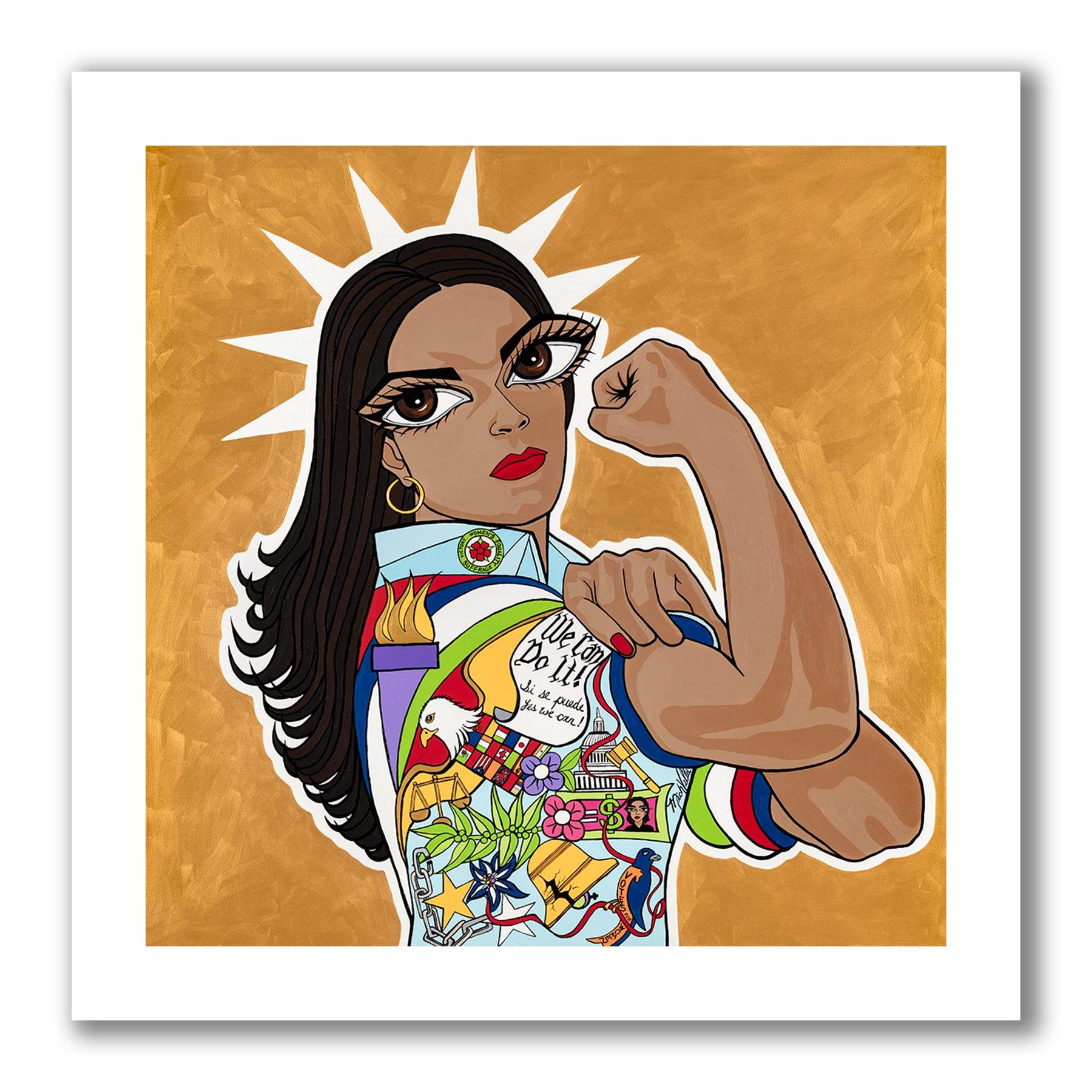 Pop art portrait painting of Rosie We can do it, women's Suffragette, a portrait of AOC Alexandria Ocasio-Cortez painted on a gold background with symbols of American democracy and equal rights for women