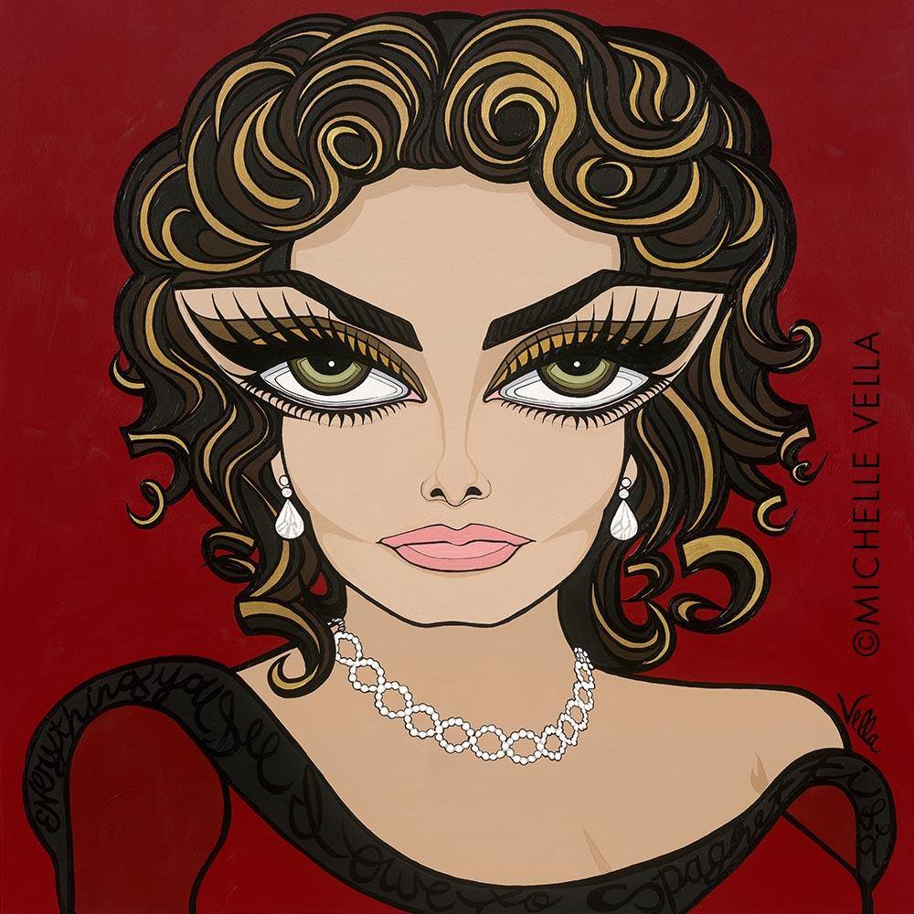 A pop art portrait painting of Italian actress Sophia Loren, and most famous classic Hollywood female star, portrayed with green cat eye big eyes and long black eye lashes and golden eye shadow, with golden brown wavy sexy hair, wearing pearl earrings and a diamond necklace and a red dress off one shoulder on a red background 