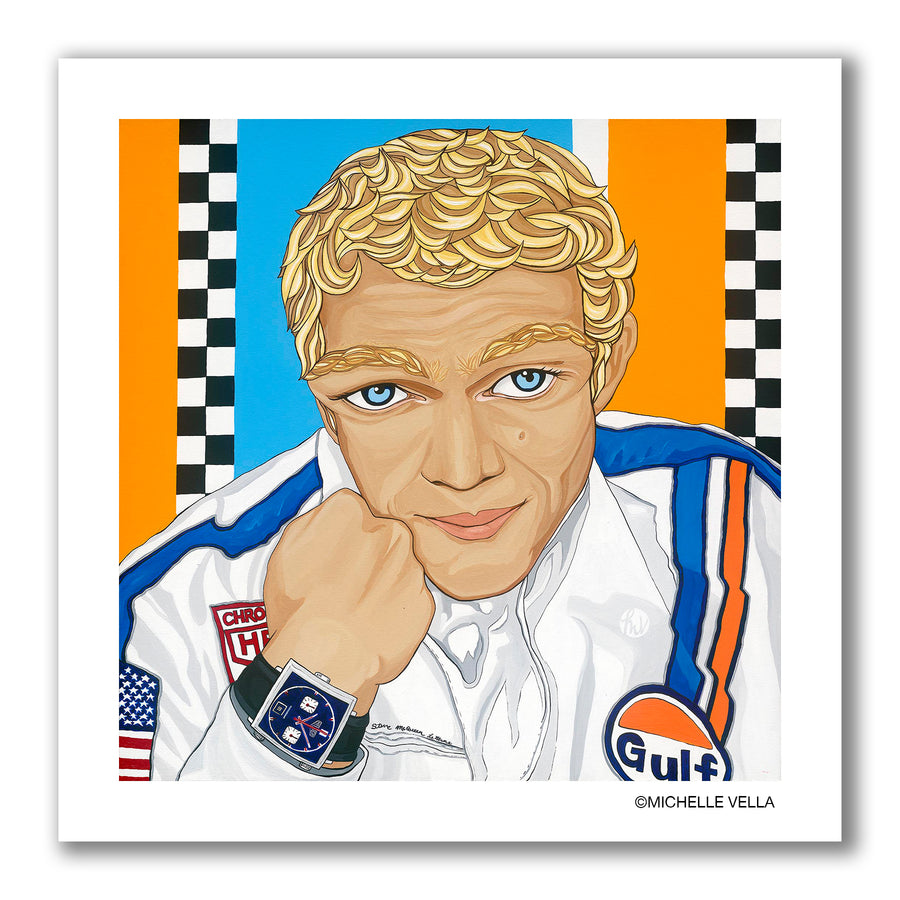 A pop art portrait painting of Lemans race car driver and actor Steve McQueen with blonde wavy hair, big blue eyes, resting his chin on his right hand wearing his Tag Heur watch and a white car racing jumper with blue and orange stripes and a Gulf logo and American flag. 