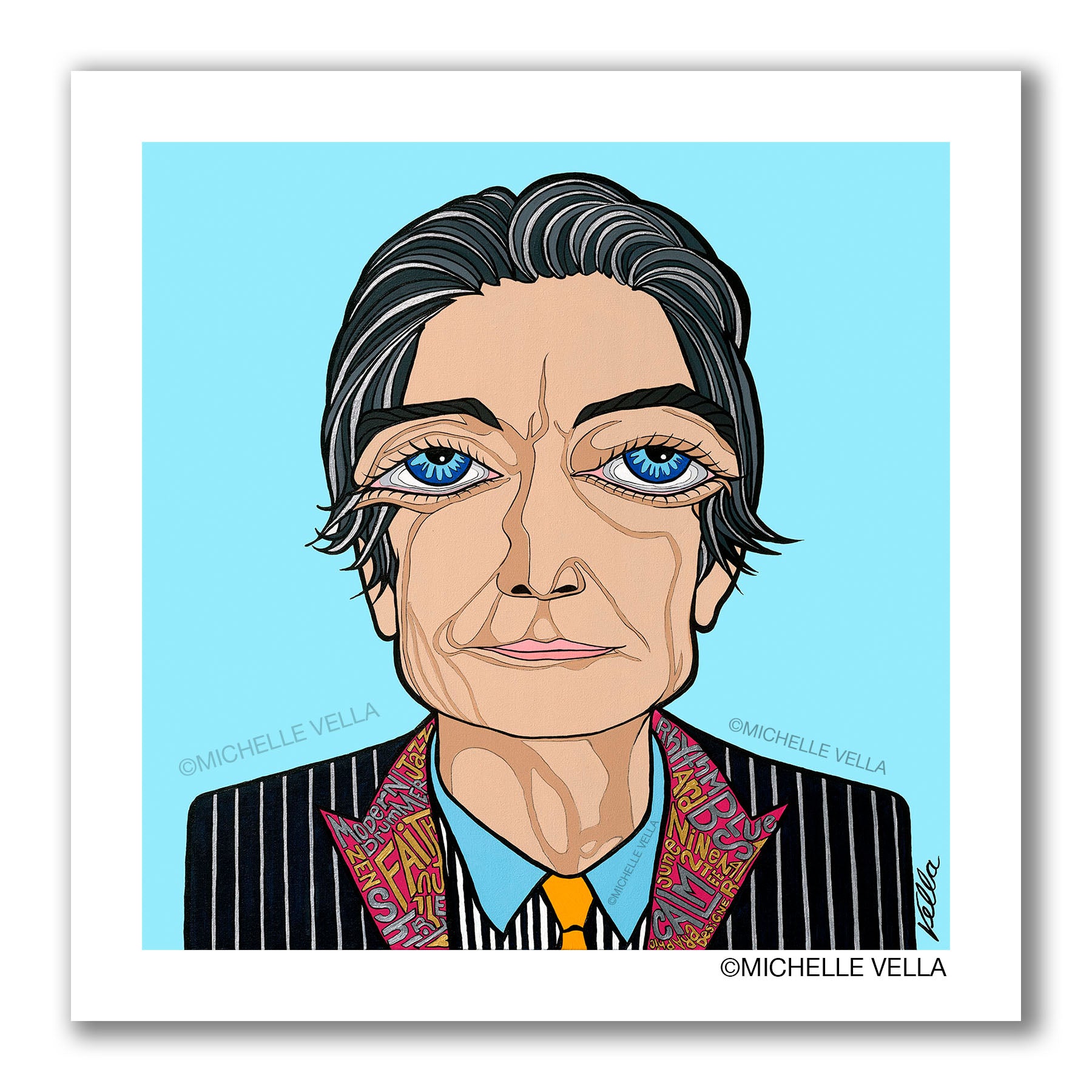 Pop art portrait painting of The Rolling Stones Charlie Watt’s with blue big eyes and silver grey hair, wearing a pin striped suit jacket, the lapels have story telling words describing Watt’s written with silver and gold metallic paint, all on a light blue background