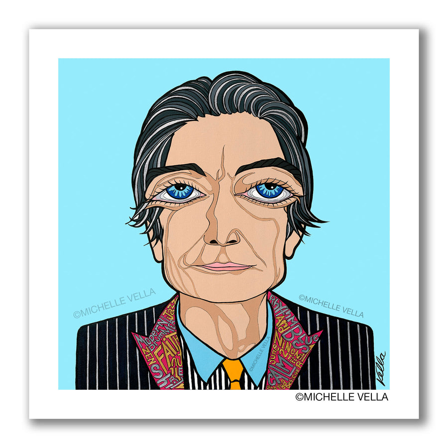 Pop art portrait painting of The Rolling Stones Charlie Watt’s with blue big eyes and silver grey hair, wearing a pin striped suit jacket, the lapels have story telling words describing Watt’s written with silver and gold metallic paint, all on a light blue background