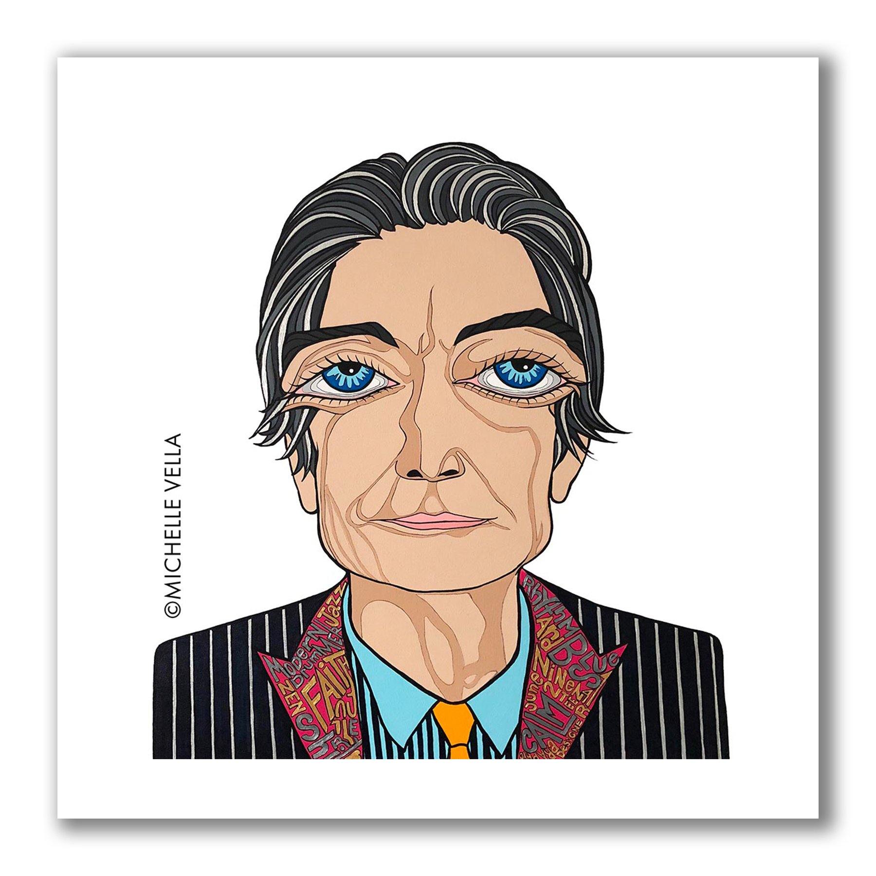 Pop art portrait painting of The Rolling Stones Charlie Watt’s with blue big eyes and silver grey hair, wearing a pin striped suit jacket, the lapels have story telling words describing Watt’s written with silver and gold metallic paint, all on a white background