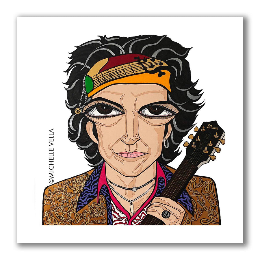 Pop art portrait painting of The Rolling Stones Keith Richards with brown big eyes holding his Gibson guitar, wearing a Jamaican flag colored headband with messy hair with story telling words describing him written into his gold metallic jacket with a purple and black animal print shirt beneath, all on a white background