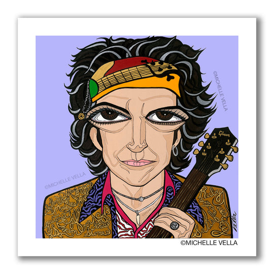 Pop art portrait painting of The Rolling Stones Keith Richards with brown big eyes holding his Gibson guitar, wearing a Jamaican flag colored headband with messy hair with story telling words describing him written into his gold metallic jacket with a purple and black animal print shirt beneath, all on a lavender purple background