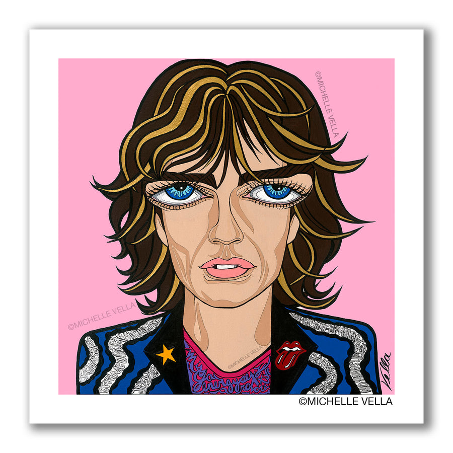 Pop art portrait painting of The Rolling Stones Mick Jagger with blue big eyes and big lips, wearing a blue and silver jacket over a pink and purple pattern V-neck with story telling words describing him written into his jacket and top all on a pink background