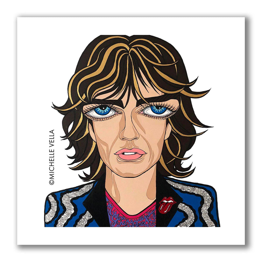 Pop art portrait painting of The Rolling Stones Mick Jagger with blue big eyes and big lips, wearing a blue and silver jacket over a pink and purple pattern V-neck with story telling words describing him written into his jacket and top all on a white background
