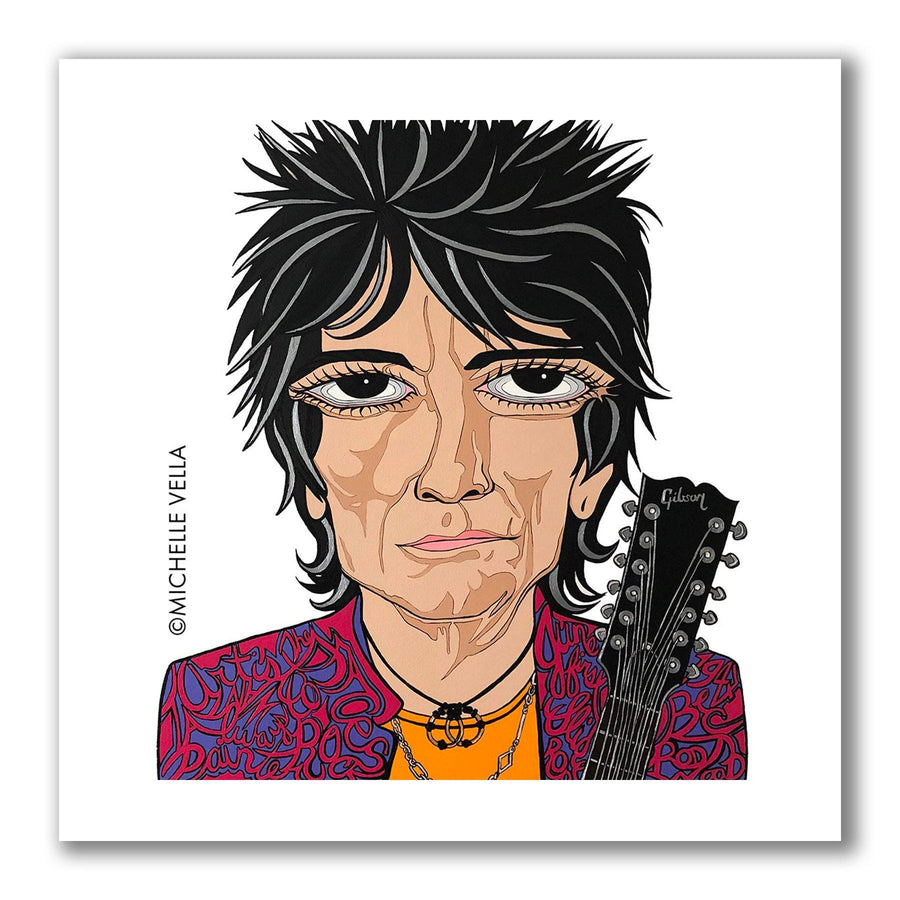 Pop art portrait painting of The Rolling Stones Ronnie Wood with brown big eyes and spike hair, holding his Gibson guitar, with story telling words describing him written into his pink and purple jacket with a yellow t-shirt shirt beneath, all on a white background.