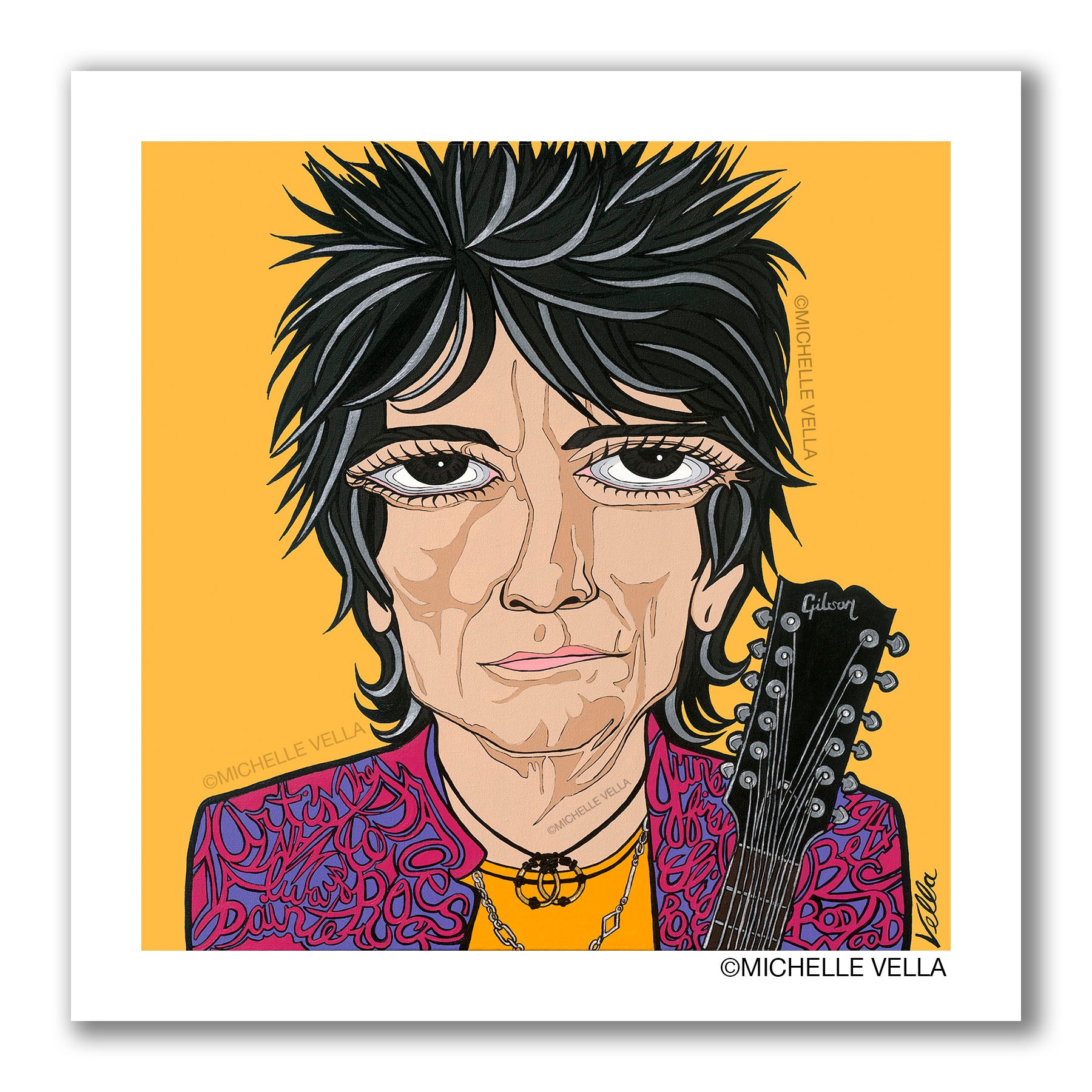 Pop art portrait painting of The Rolling Stones Ronnie Wood with brown big eyes and spike hair, holding his Gibson guitar, with story telling words describing him written into his pink and purple jacket with a yellow t-shirt shirt beneath, all on a yellow background.