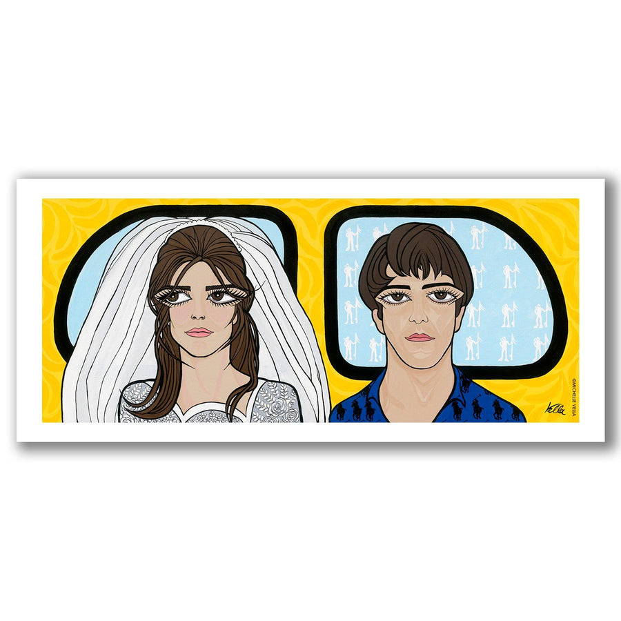 Pop art portrait painting of Ben & Elaine from movie The Graduate. Dustin Hoffman as Benjamin Braddock and Katharine Ross as Elaine Robinson. They are sitting at the back of a yellow bus, she is in a wedding gown as a runaway bride.