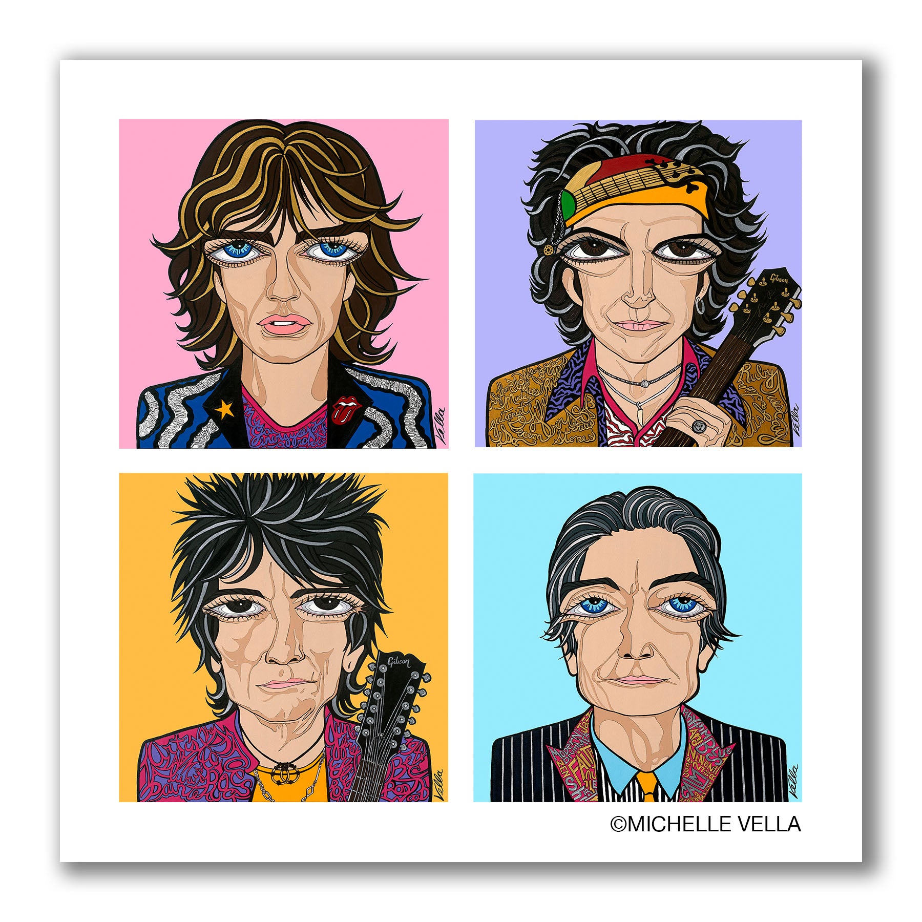 Pop art portrait painting of The Rolling Stones, 4 individual colorful portrait squares of each Band member, Mick Jagger, Keith Richards, Charlie Watts and Ronnie Woods, with colorful clothing and different color backgrounds