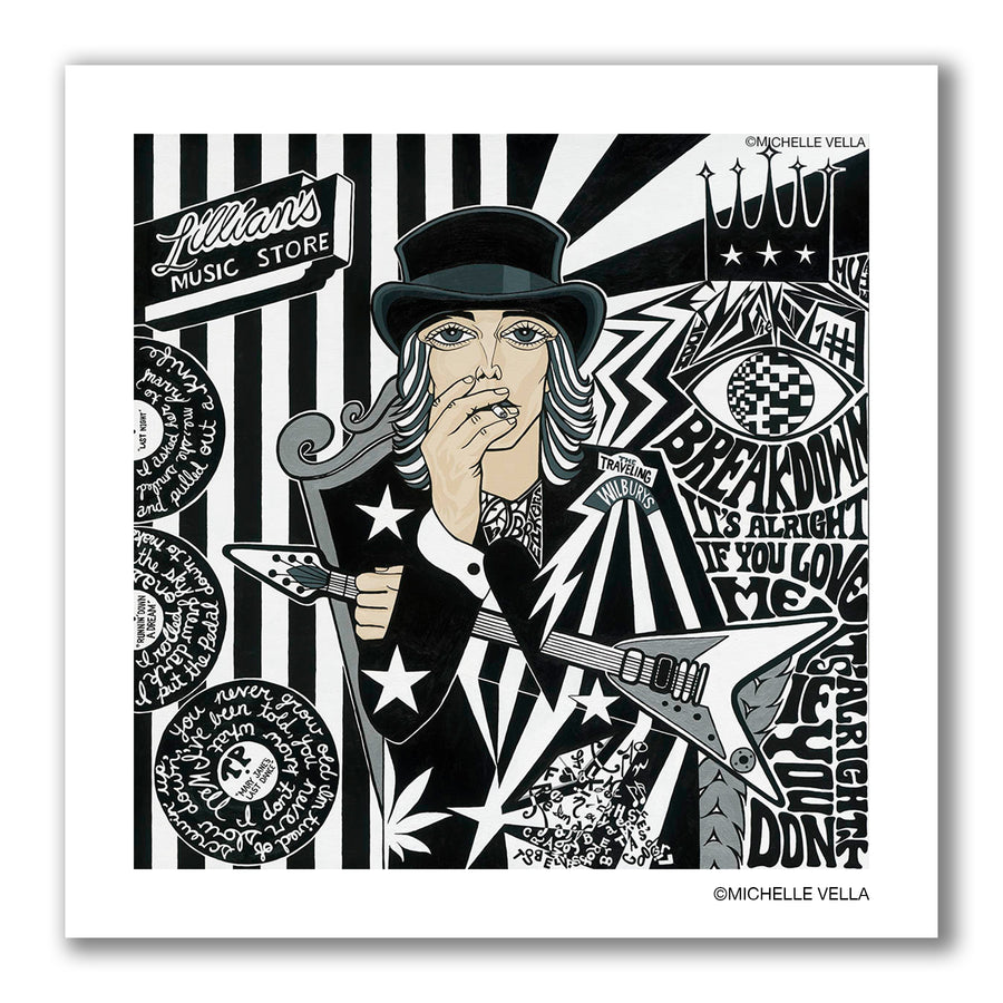 Pop art portrait painting of Tom Petty painted in black and white with Tom smoking a cigarette, holding his guitar, wearing a black top hat, Stars and Stripes painted and records with writing of his songs