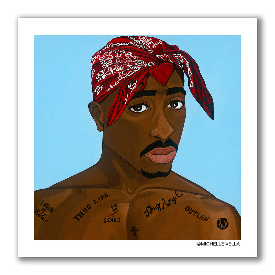 Pop art painted portrait of American Rapper Tupac Shakur with big brown eyes wearing a red and white bandana that covers his head tied in front is bare chested showing his tattoos Thug Life, Thug Angel, outlaw, down to ride and 2-die-4 all on a light blue background