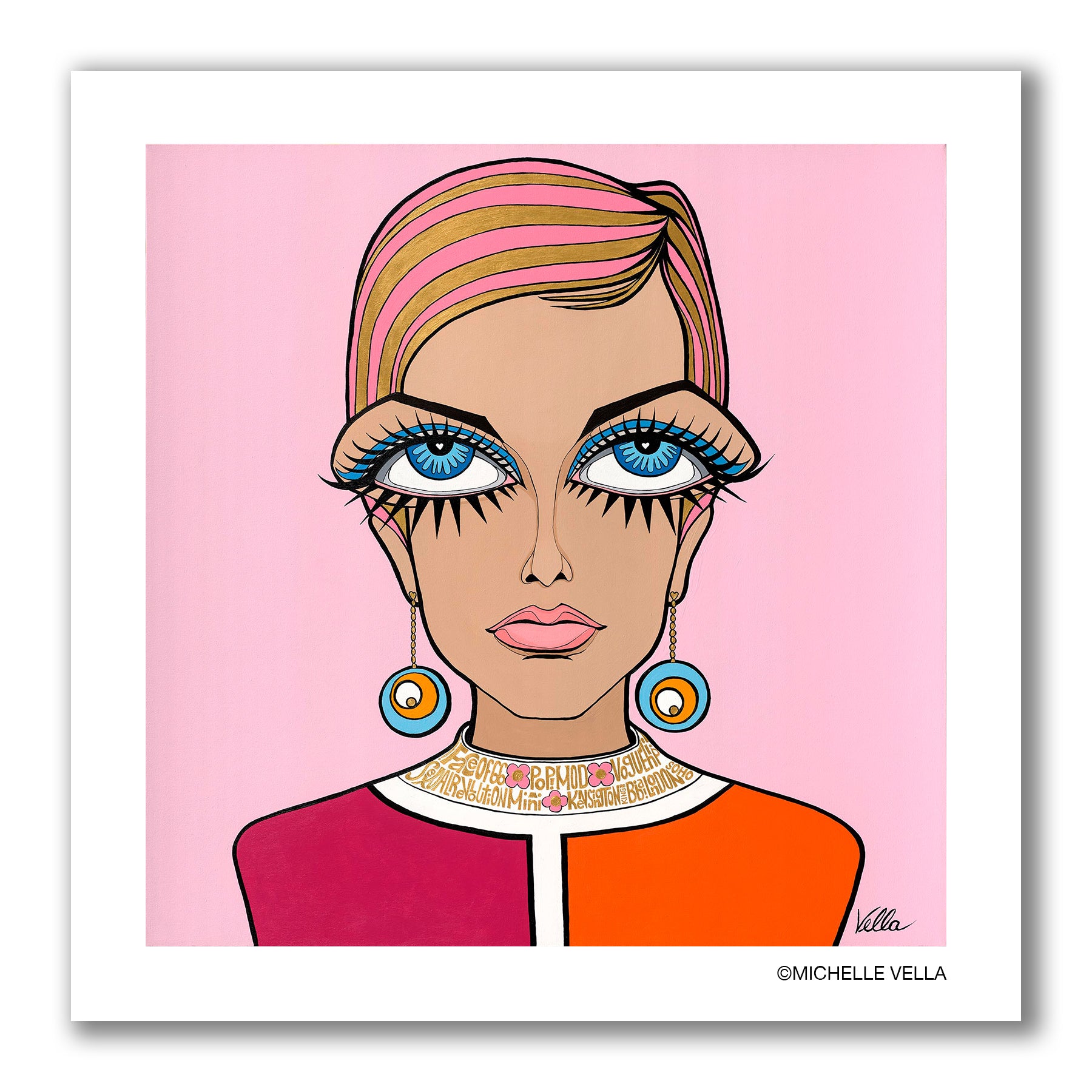 Big Eyes Pop art portrait of 60s fashionista Twiggy with pink and gold pixie haircut and big round drop earrings, wearing a raspberry pink and orange dress on a light pink background