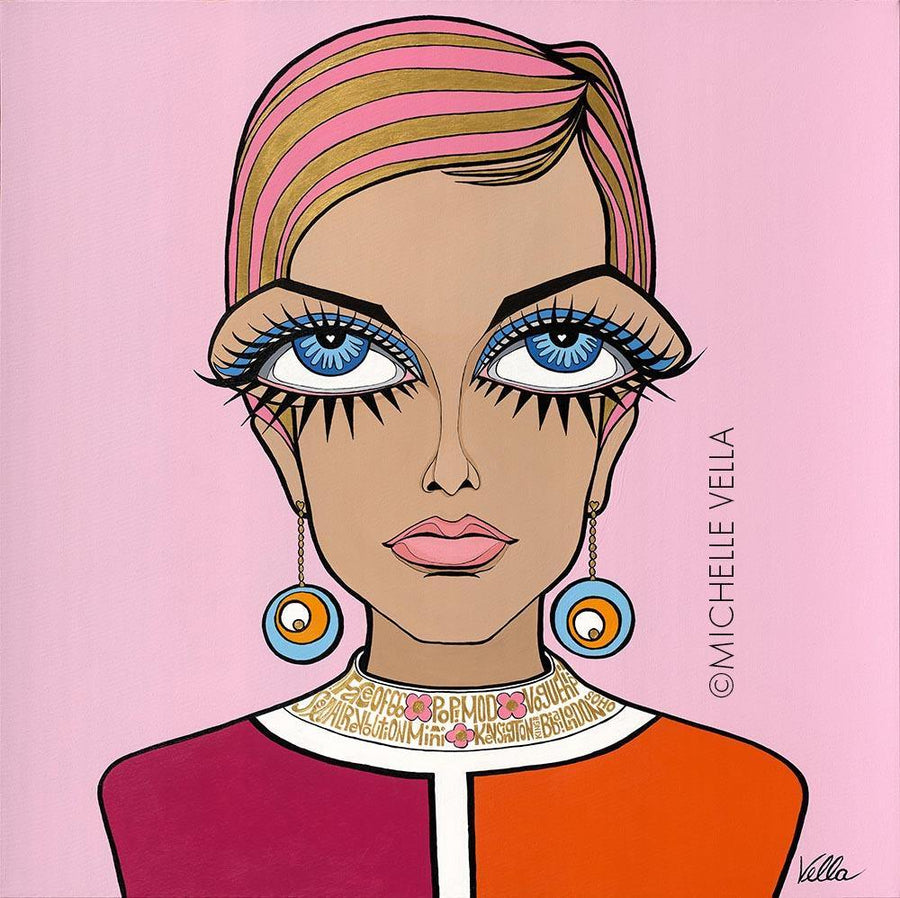 Big Eyes Pop art portrait of 60s fashionista Twiggy with pink and gold pixie haircut and big round drop earrings, wearing a raspberry pink and orange dress on a light pink background