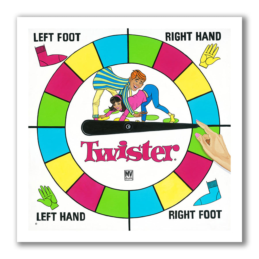 Pop art painting of the retro game of Twister with a hand on the spinner wheel