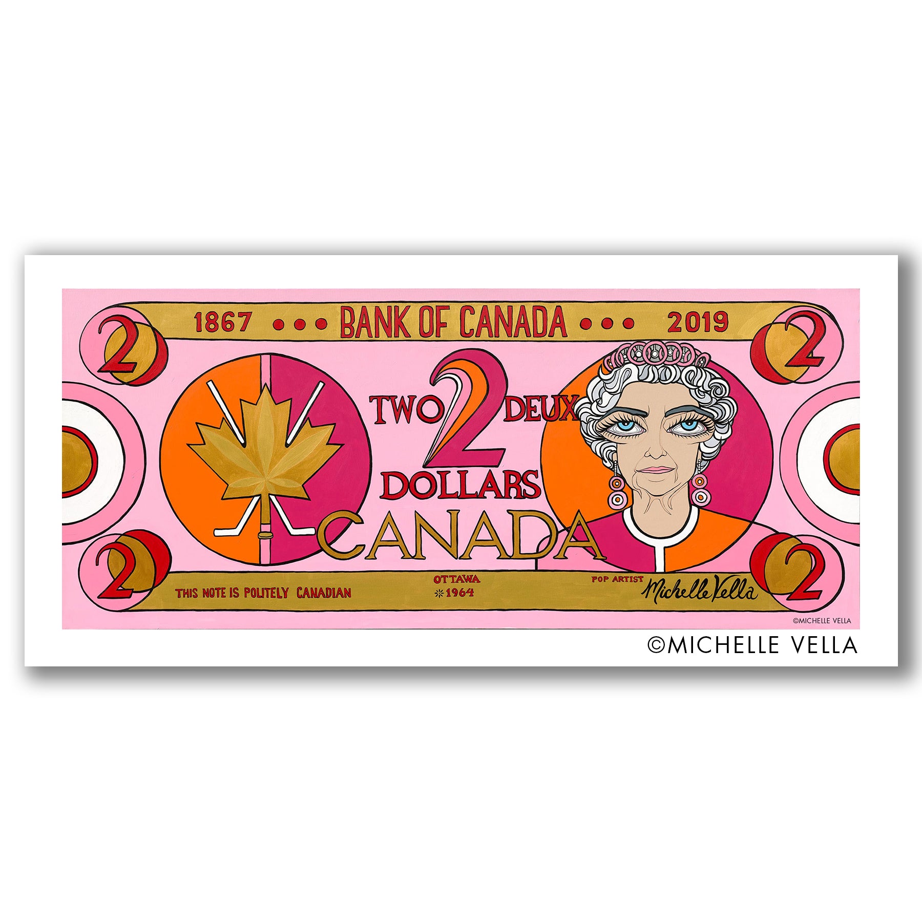 A pop art painting of a Canadian Two Dollar Bill in light pink, hot pink, orange and gold, with a Canadian maple leaf and hockey sticks on the left and Queen Elizabeth dressed in a 60s dress on the right 