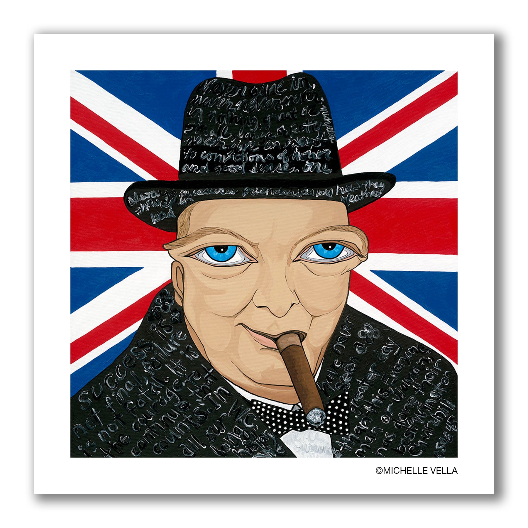 Pop art portrait painting of Winston Churchill with blue big eyes smoking a big cigar, wearing a black bowler hat and black coat with story telling words and a polka dot tie, with a British flag in the background