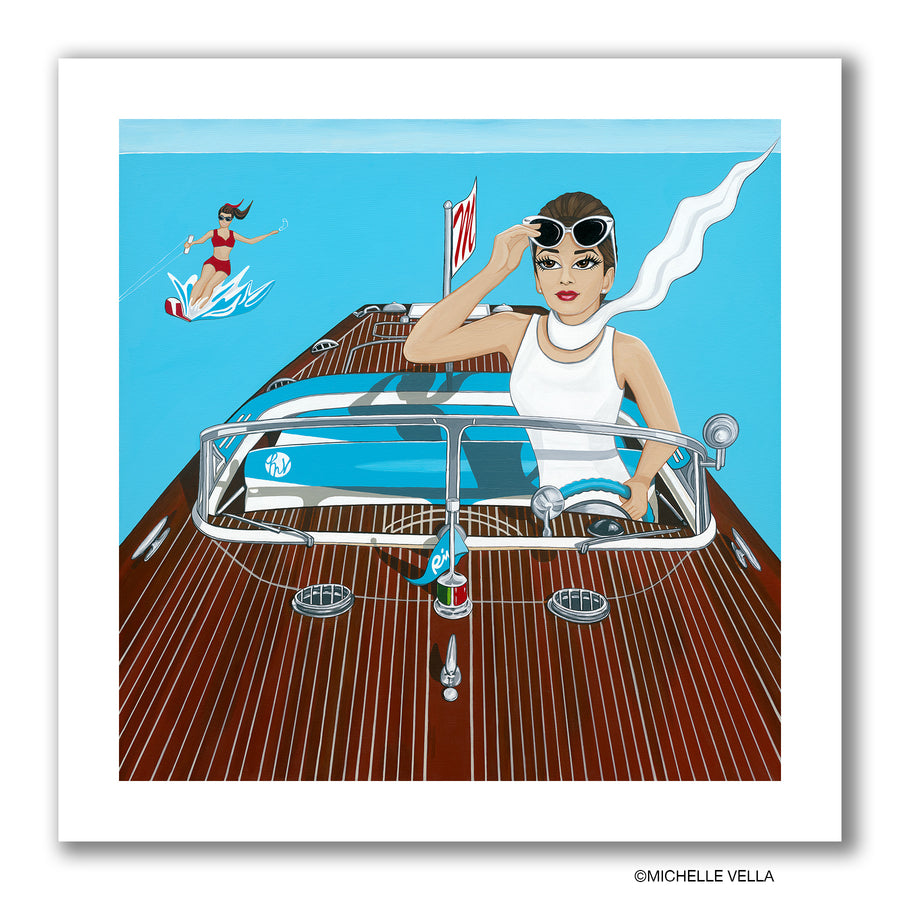 Pop art painting of Audrey Hepburn driving a Riva Classic wooden Boat, wearing a white dress with a white scarf around her neck flying in the wind as she holds her sunglasses above her eyes with a water-skier in a red bikini behind the boat